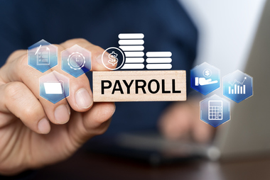 ayroll business finance concept, Businessman holding virtual Payroll icon for report financial information and do payroll, Financial, accounting. Individual income tax payment form.